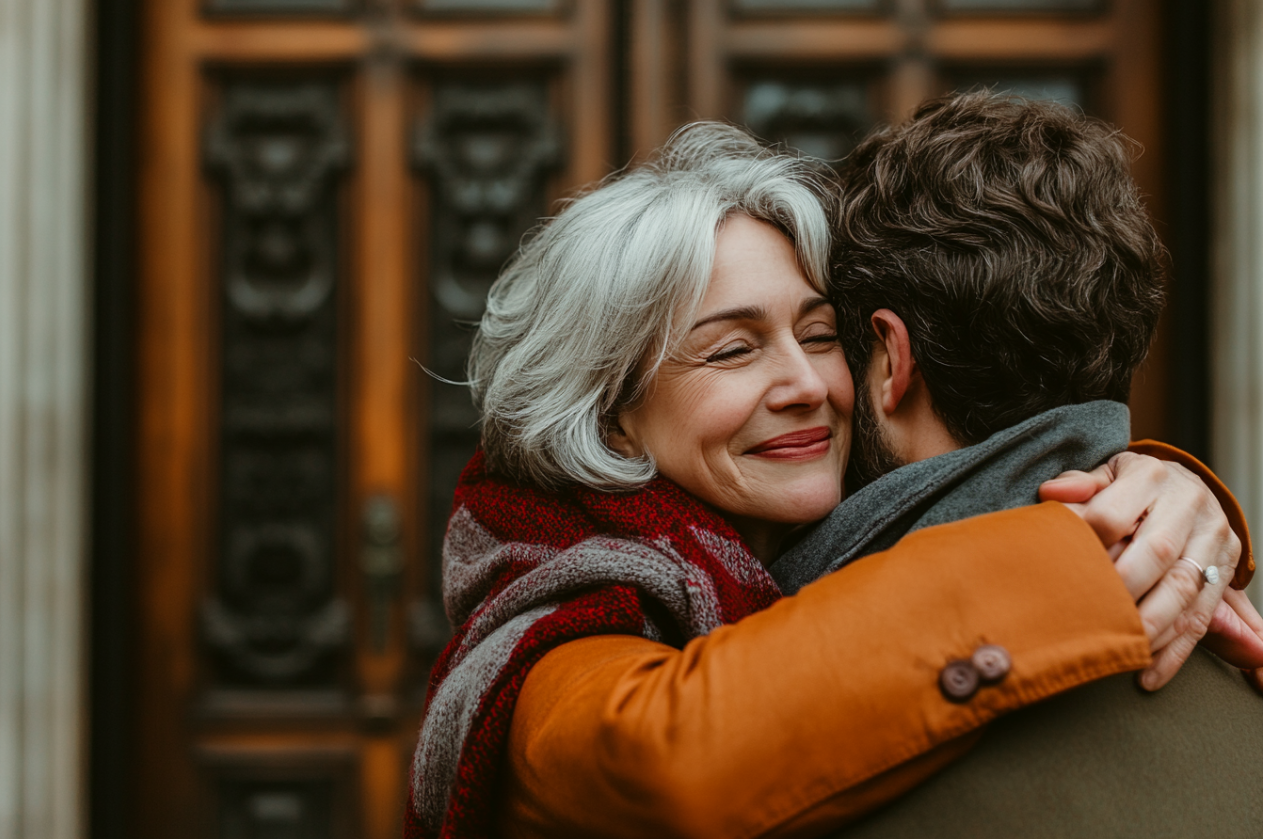 Una mujer abraza a su hijo en la iglesia | Fuente: Midjourney