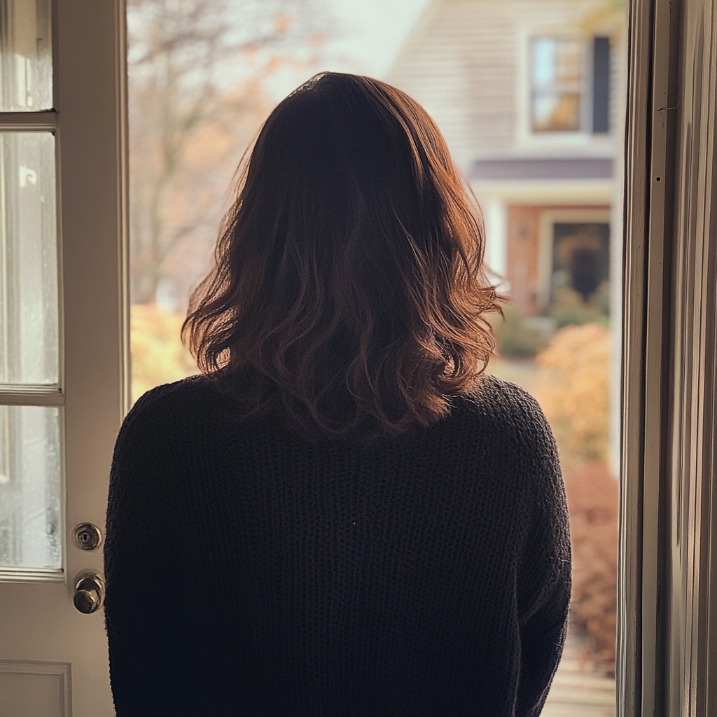 Una mujer saliendo de una casa | Fuente: Midjourney