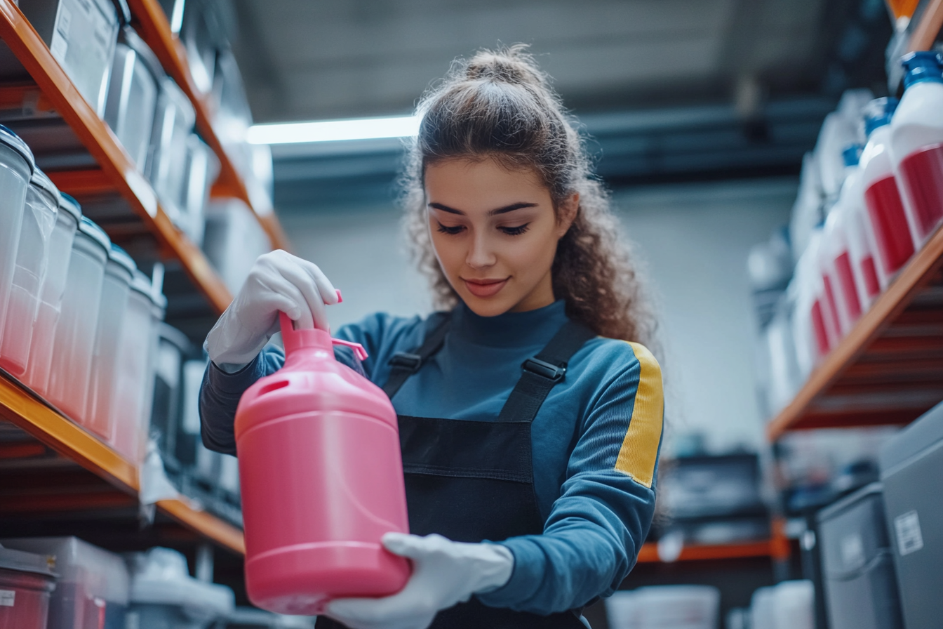 Una joven sosteniendo un bote de líquido limpiador | Fuente: Midjourney