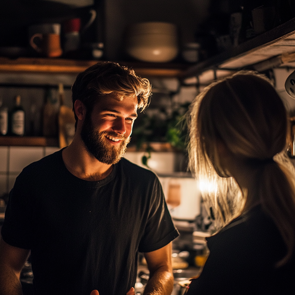 Un hombre sonriente hablando con su esposa | Fuente: Midjourney