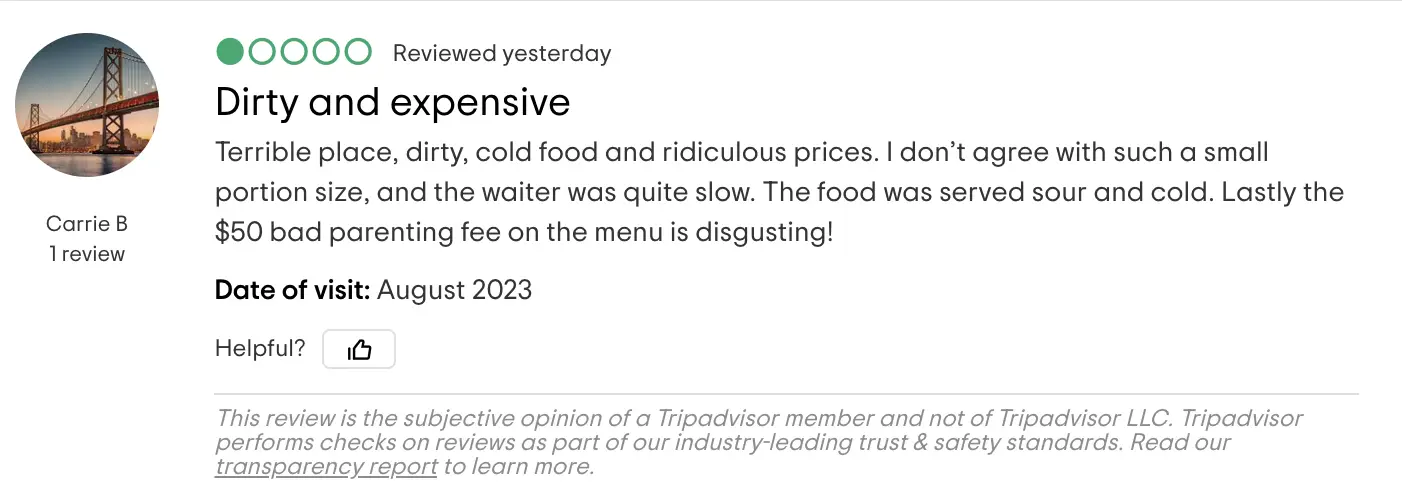 Una opinión negativa de un cliente sobre el restaurante Toccoa Riverside | Foto: tripadvisor.com
