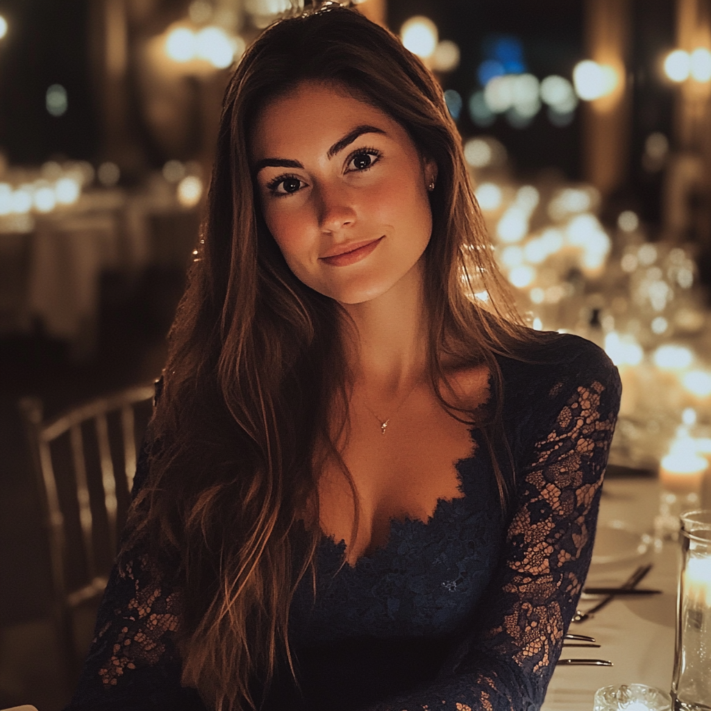 Una mujer sonriente sentada a una mesa | Fuente: Midjourney