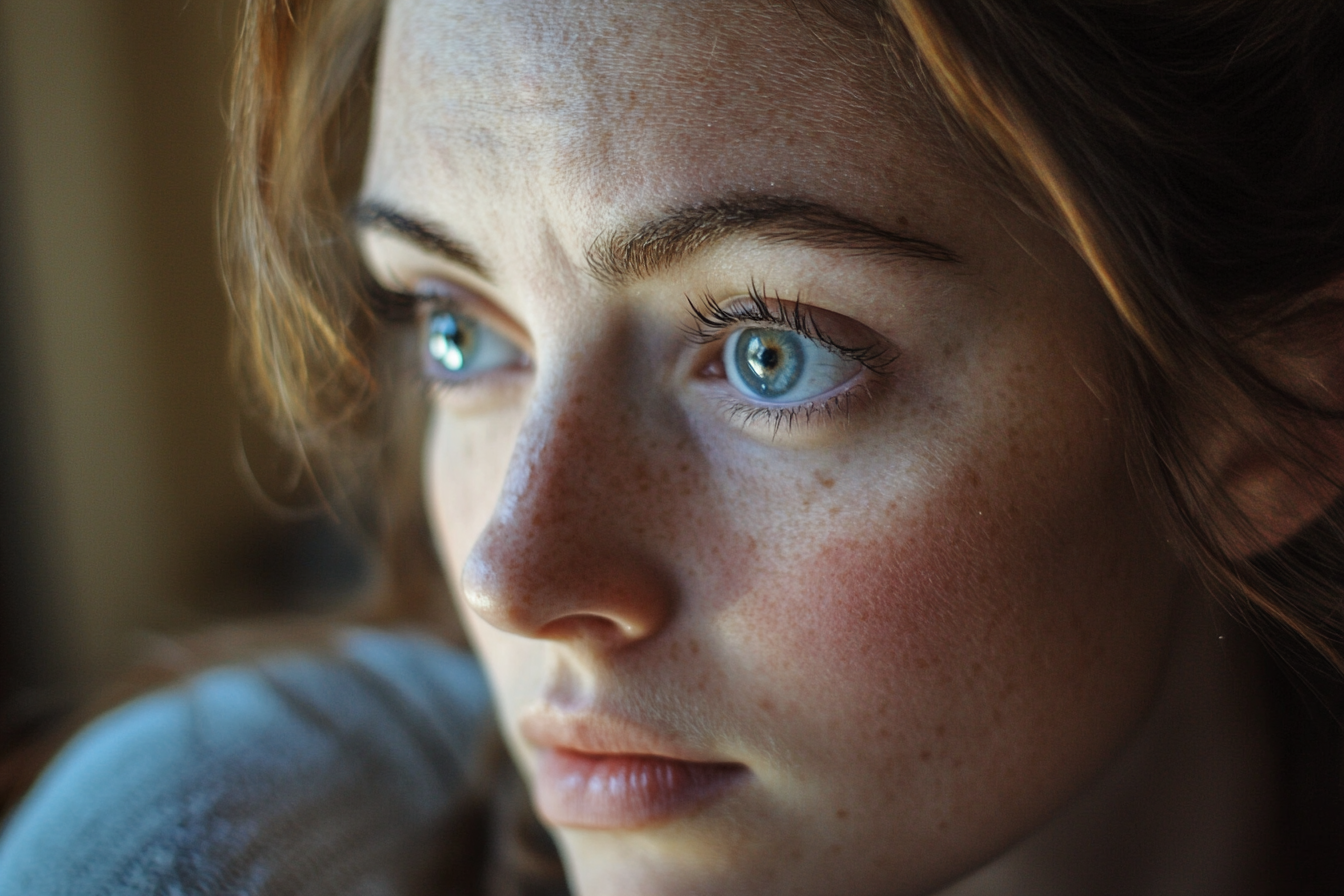 Primer plano de una mujer mirando al frente con los ojos muy abiertos | Fuente: Midjourney