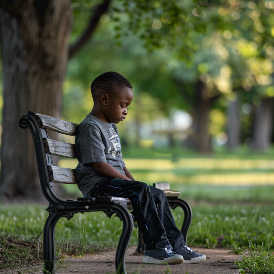 Un niño negro sentado solo en un banco de un parque | Fuente: Midjourney