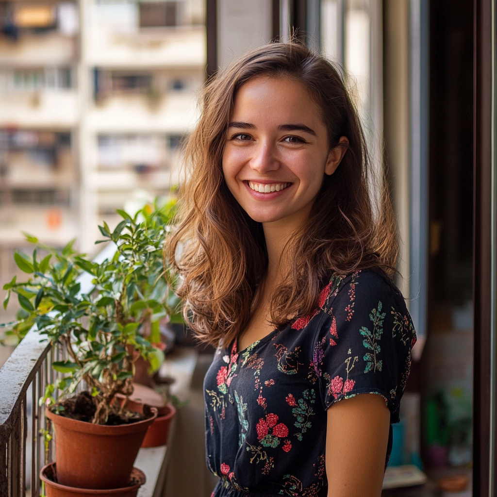 Una mujer sonriente en un balcón | Fuente: Midjourney