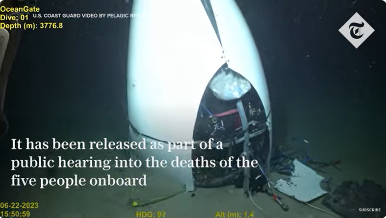 Los restos del submarino Titán OceanGate descubiertos en el lecho marino en nuevas imágenes, de un vídeo de YouTube, fechado el 18 de septiembre de 2024 | Fuente: Youtube/@telegraph