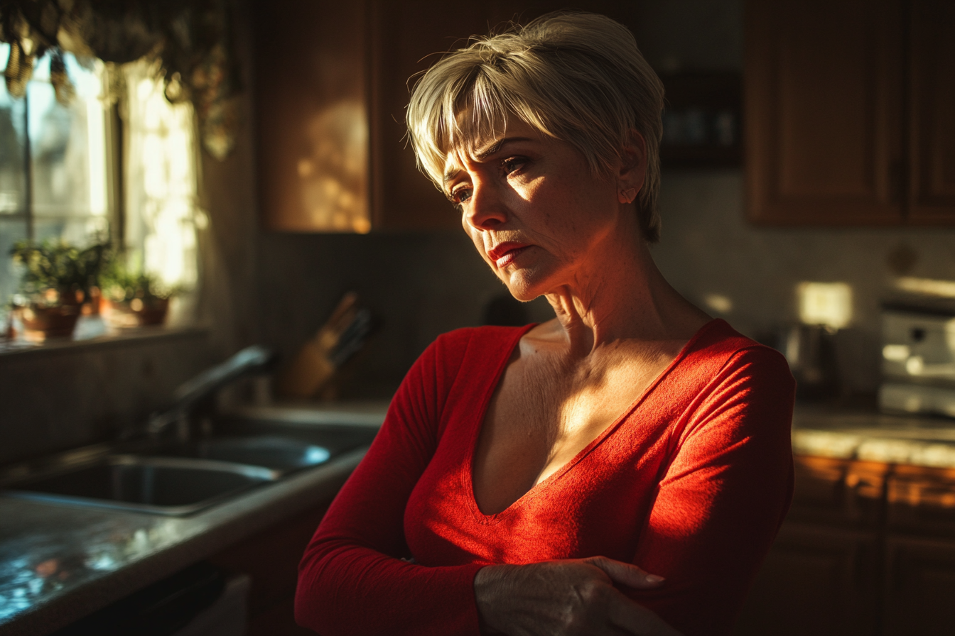 Mujer de unos 60 años con los brazos cruzados y mirada triste en la cocina de una casa | Fuente: Midjourney