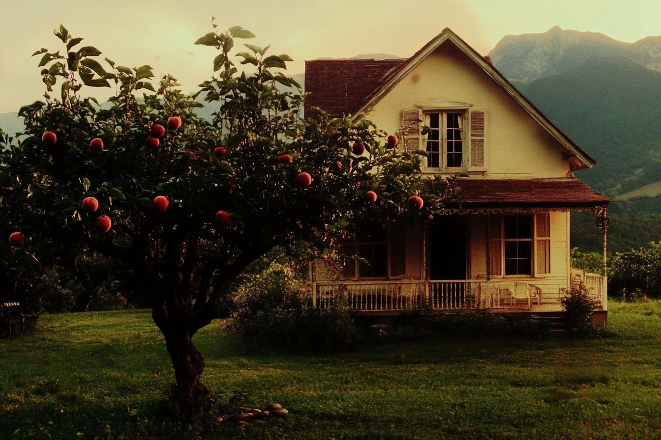 Una casa pintoresca con un melocotonero | Fuente: Midjourney