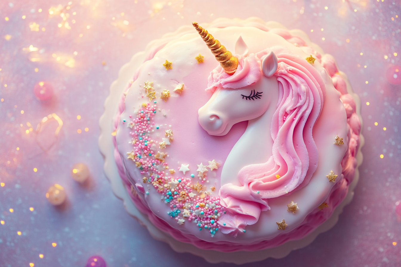 Un bonito pastel de cumpleaños rosa con temática de unicornio | Fuente: Midjourney