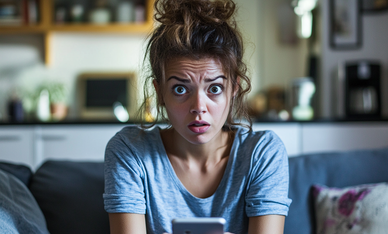 Una mujer mirando atónita su teléfono | Fuente: Midjourney