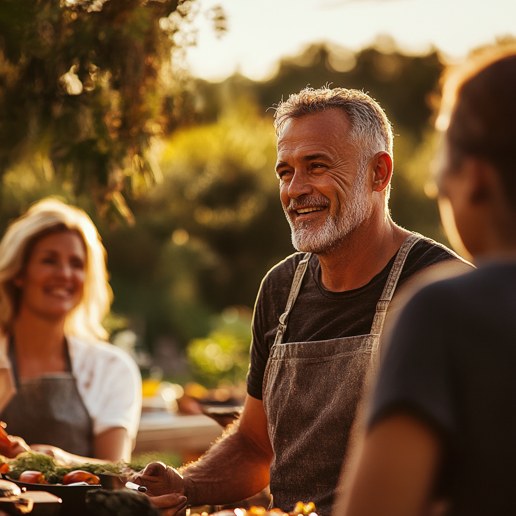 Un hombre hablando con su familia en una barbacoa | Fuente: Midjourney