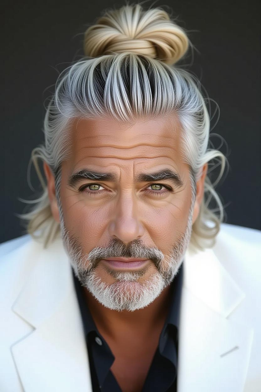 Una imagen generada por IA de George Clooney con un peinado diferente | Fuente: Grok
