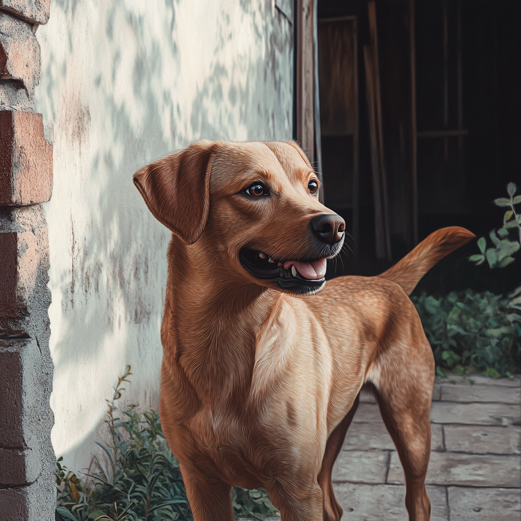 Un perro frente a una casa abandonada | Fuente: Midjourney