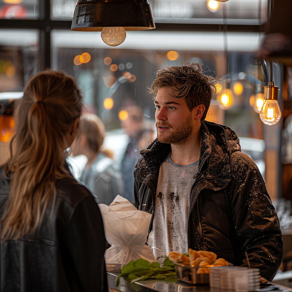 Un hombre en la recepción de un restaurante hablando con uno de los miembros del personal | Fuente: Midjourney