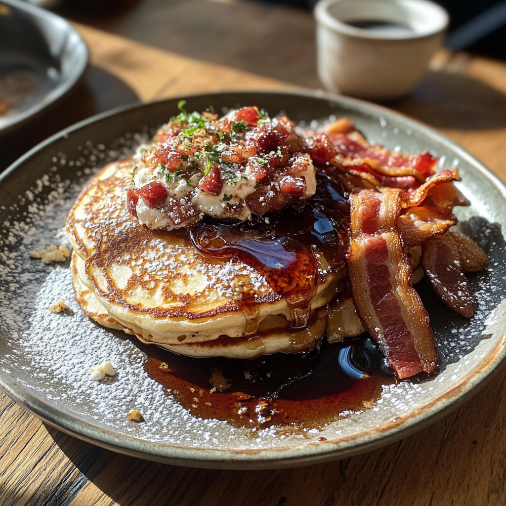 Un plato de tortitas con bacon | Fuente: Midjourney