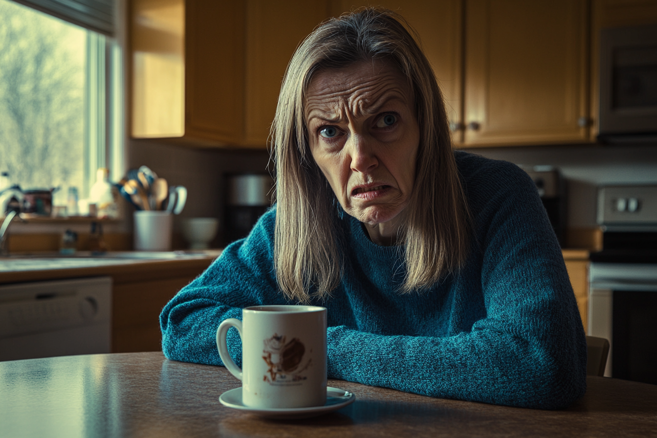 Una mujer con una taza de café sentada a la mesa de la cocina con cara de enfado | Fuente: Midjourney