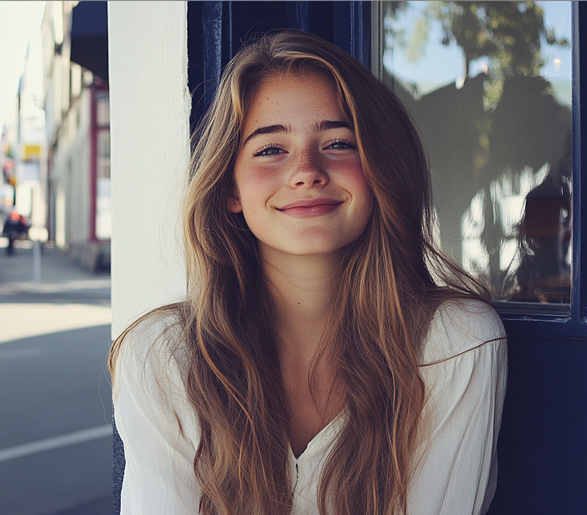 Una joven sentada en la puerta de una cafetería | Fuente: Midjourney