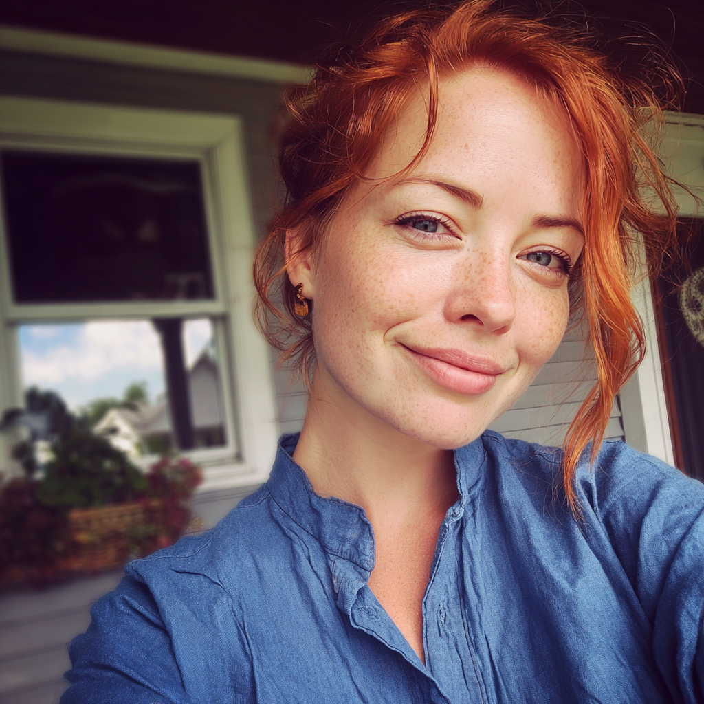 Una mujer sonriente en un porche | Fuente: Midjourney