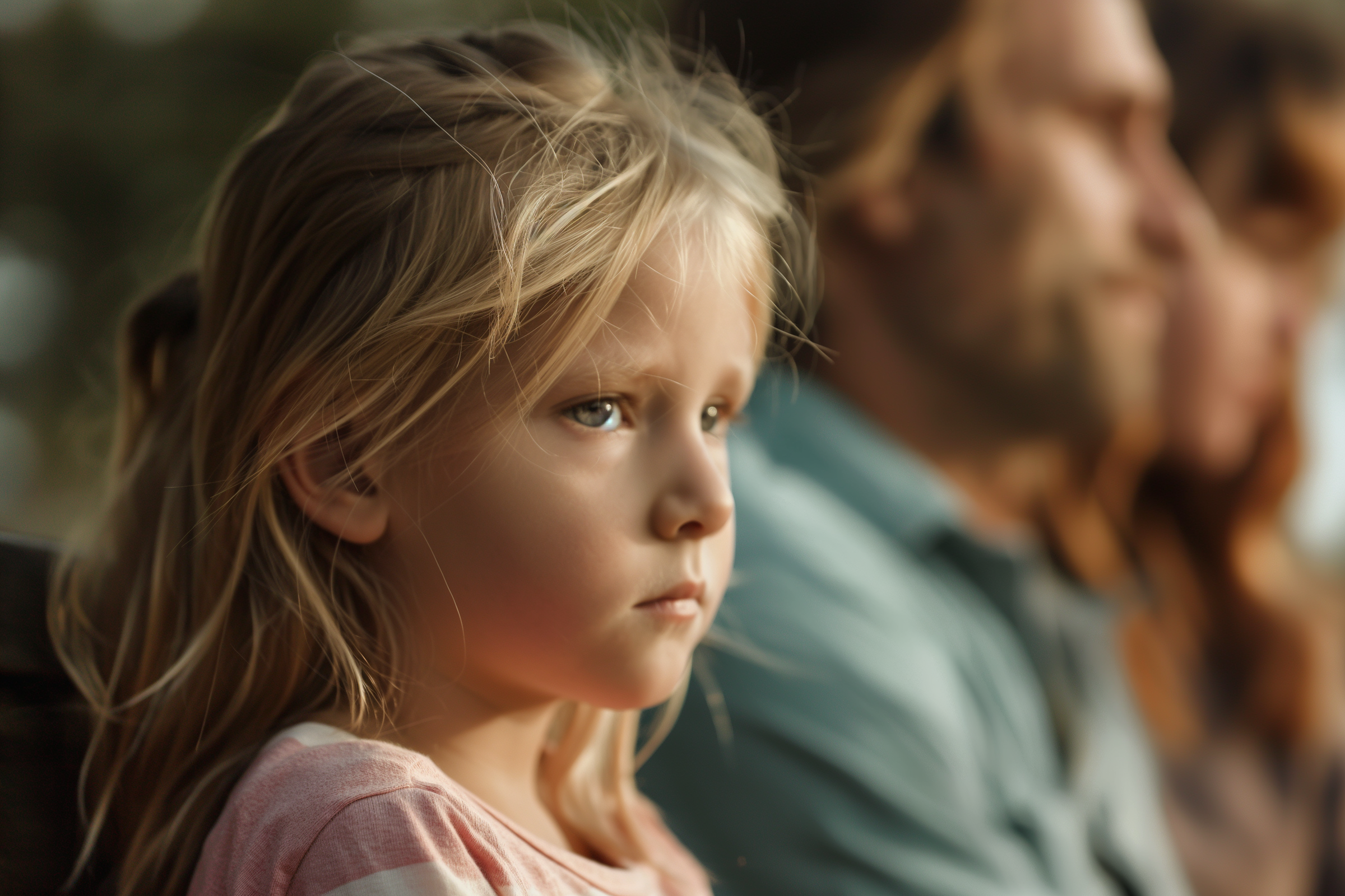 Una niña triste con sus padres al fondo | Fuente: Midjourney