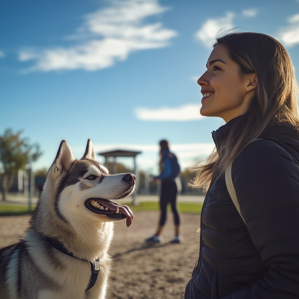 Una mujer y su perro en un parque para perros | Fuente: Midjourney