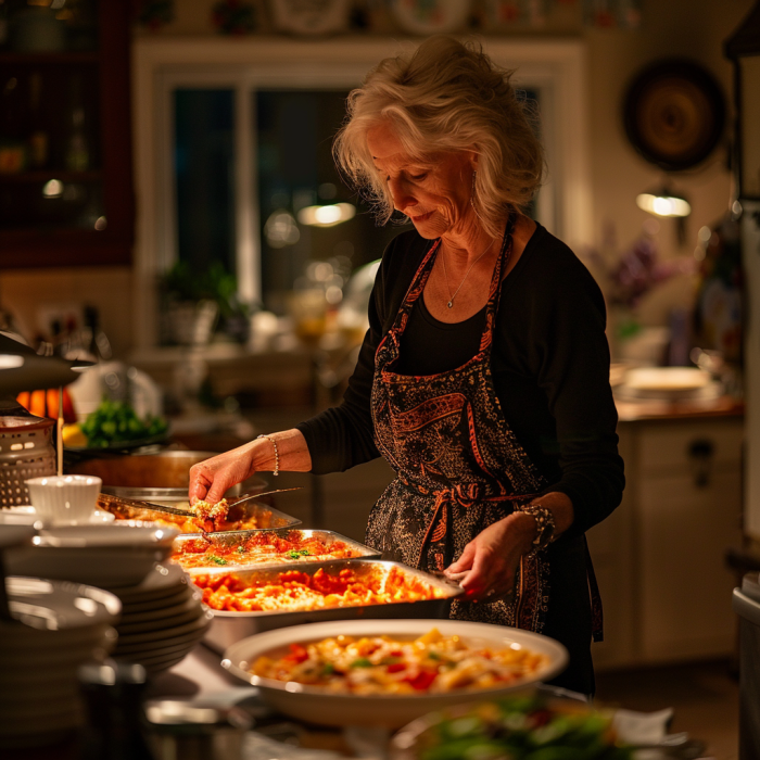 Una mujer de mediana edad preparando la cena en la cocina | Fuente: Midjourney