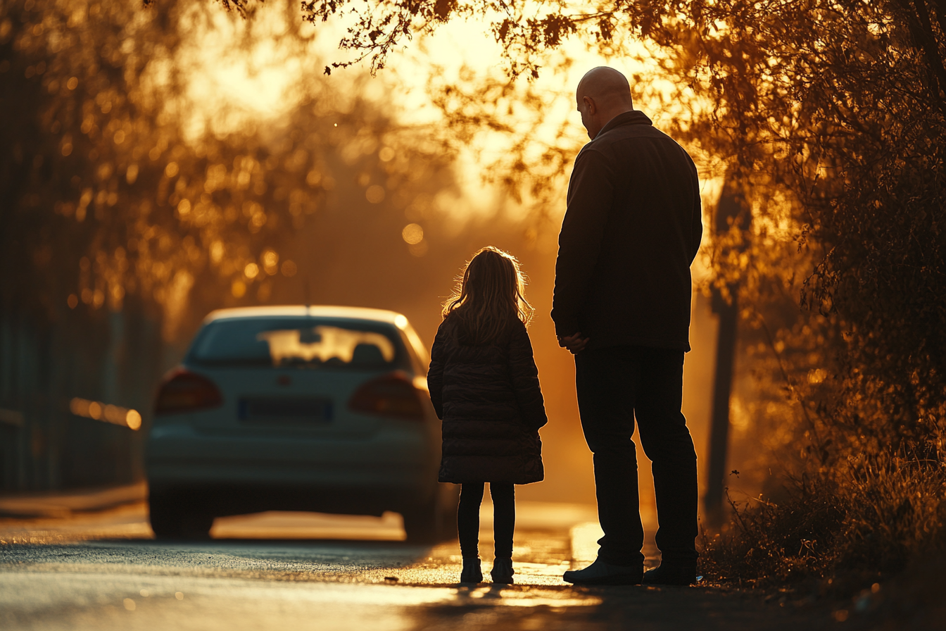 Un hombre con una niña al borde de la carretera | Fuente: Midjourney