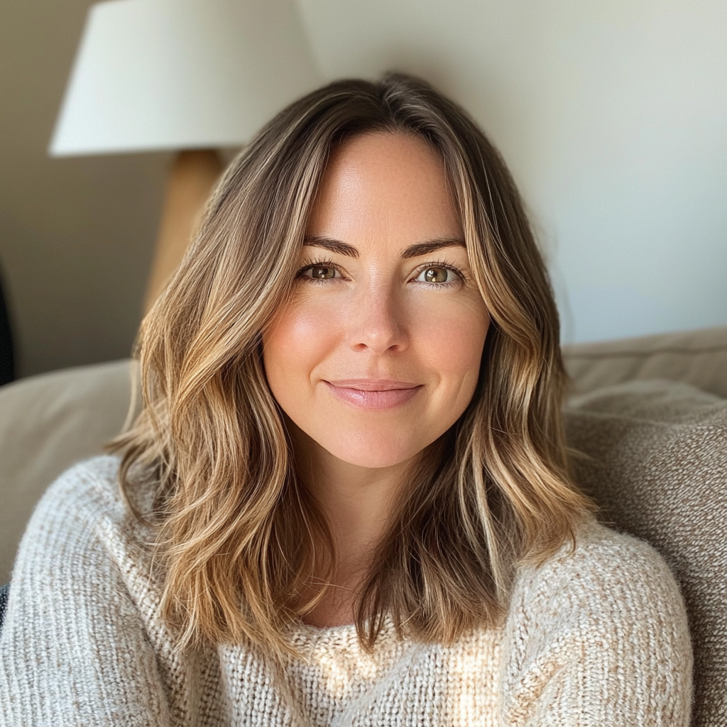 Primer plano de una mujer sonriente sentada en un sofá | Fuente: Midjourney