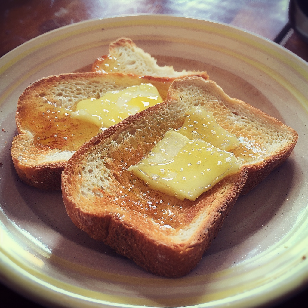 Tostadas con mantequilla en un plato | Fuente: Midjourney