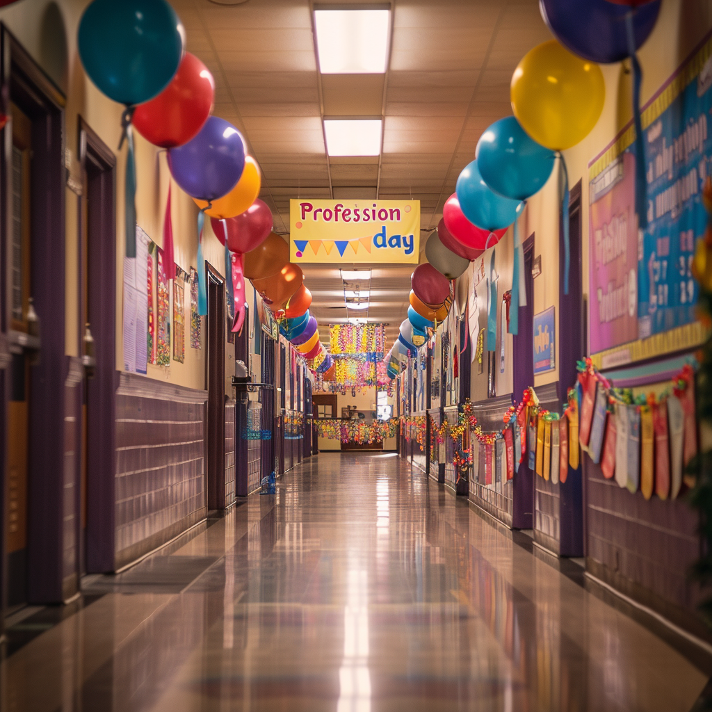 Un pasillo de colegio bellamente decorado | Fuente: Midjourney