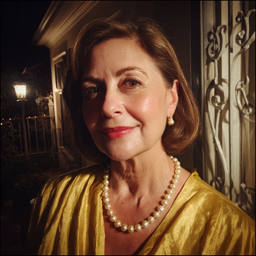 Una donna sorridente davanti alla porta di casa | Fonte: Midjourney