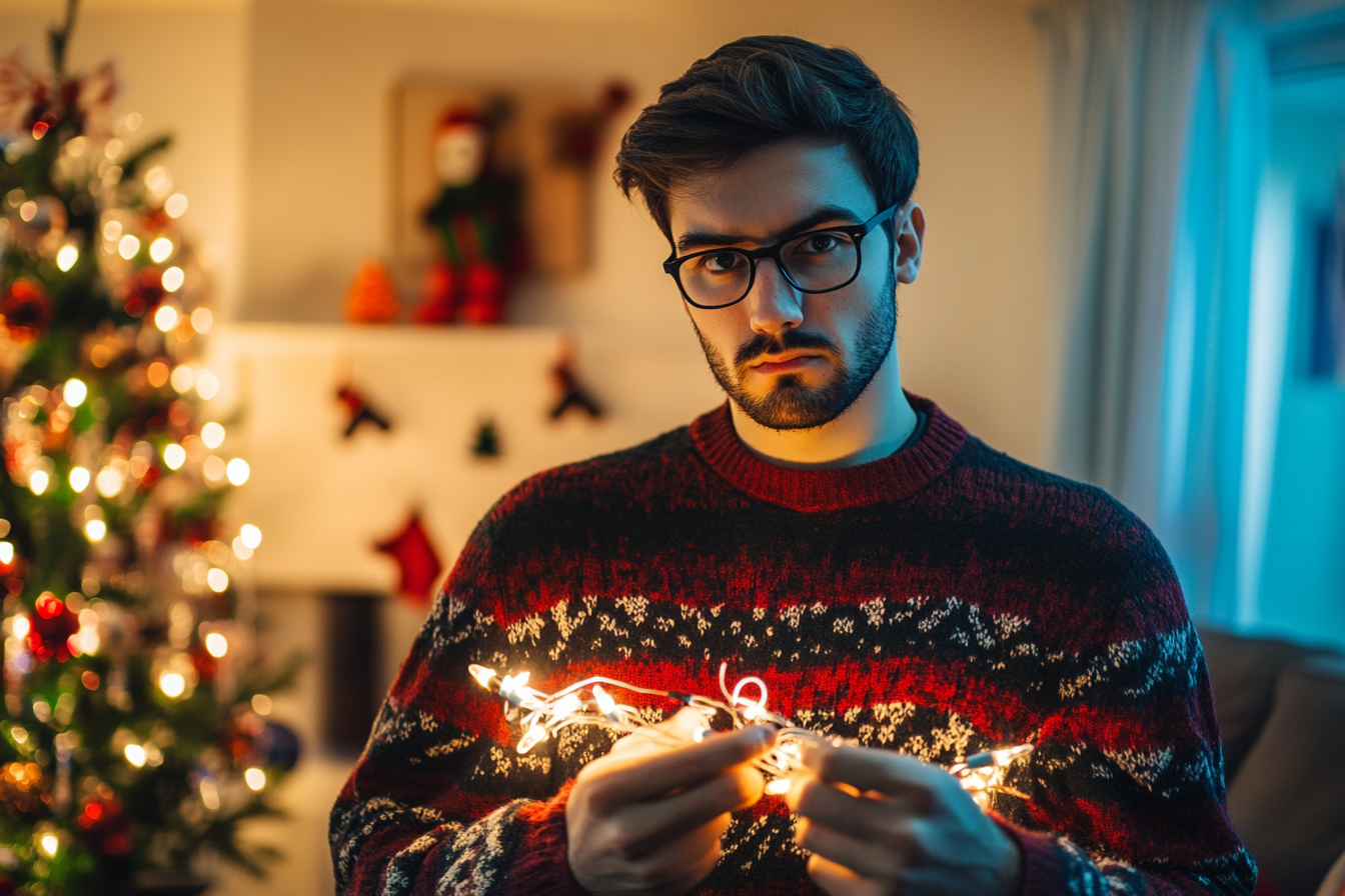 Un hombre desenredando las luces de Navidad en su salón | Fuente: Midjourney