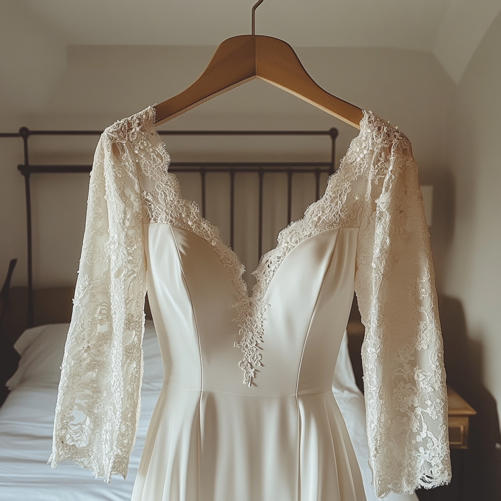 Un vestido de novia en una percha | Fuente: Midjourney