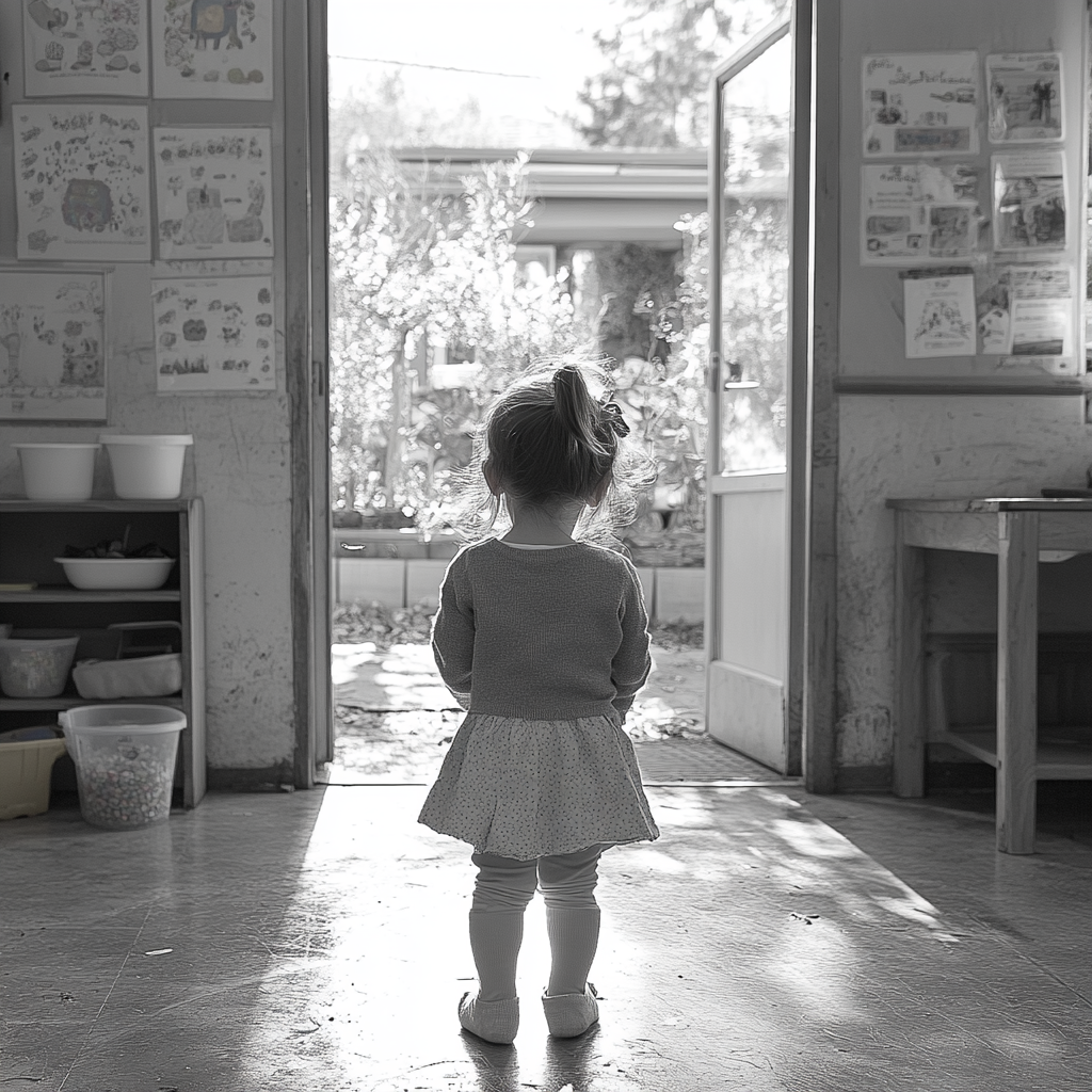 Una niña pequeña entrando en la guardería | Fuente: Midjourney