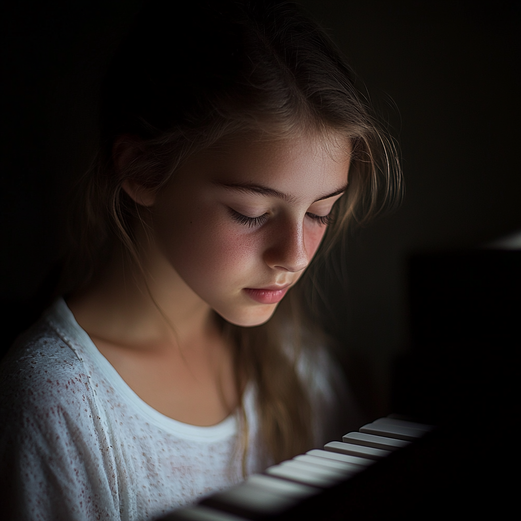 Una chica triste mirando su piano | Fuente: Midjourney