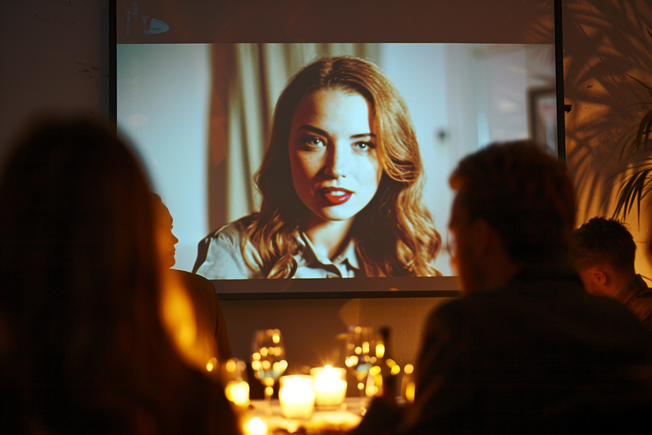 Una pantalla de proyector que muestra un videoclip de una mujer hablando | Fuente: MidJourney