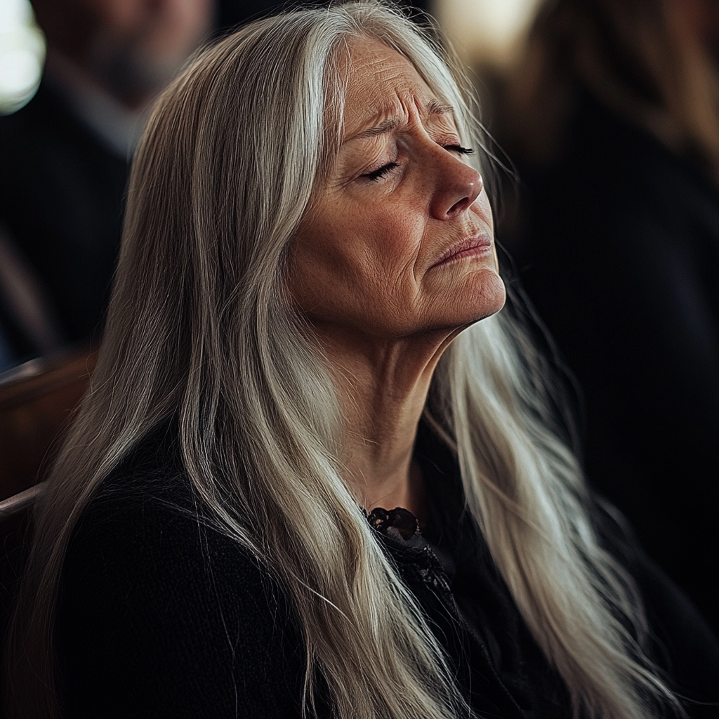 Una anciana alterada sentada en un funeral | Fuente: Midjourney