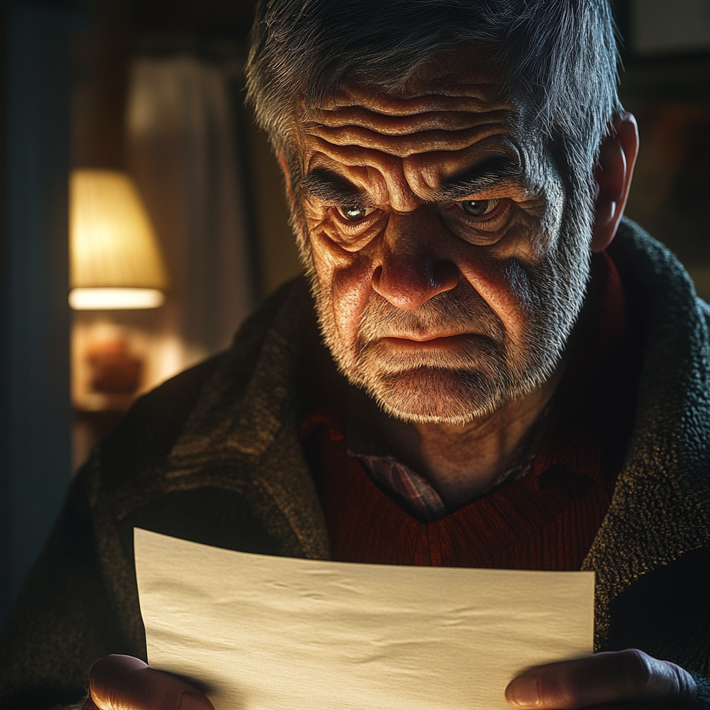 Un anciano agitado sujetando una hoja de papel | Fuente: Midjourney