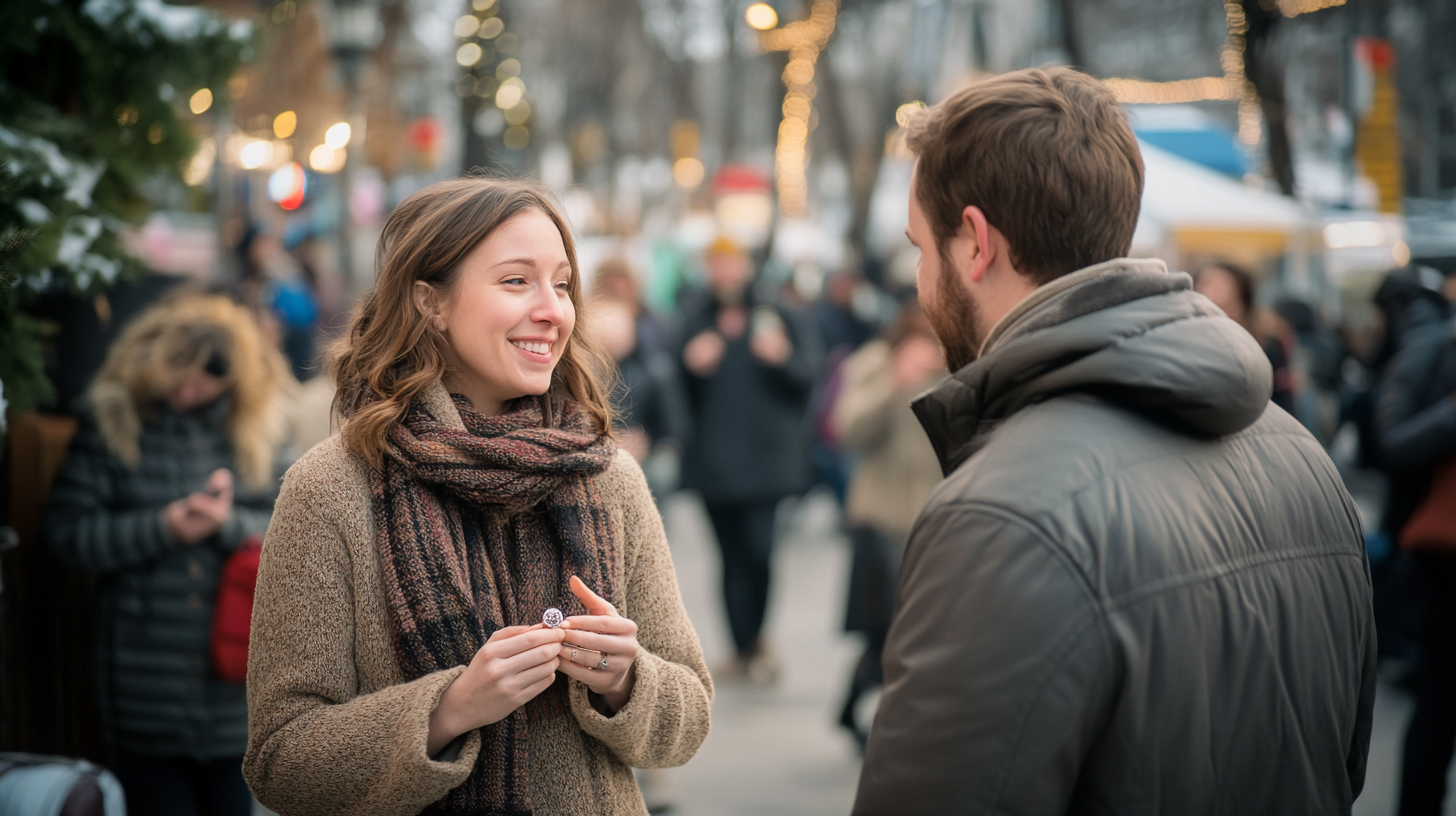 Una mujer sonriendo delante de un hombre | Fuente: Midjourney