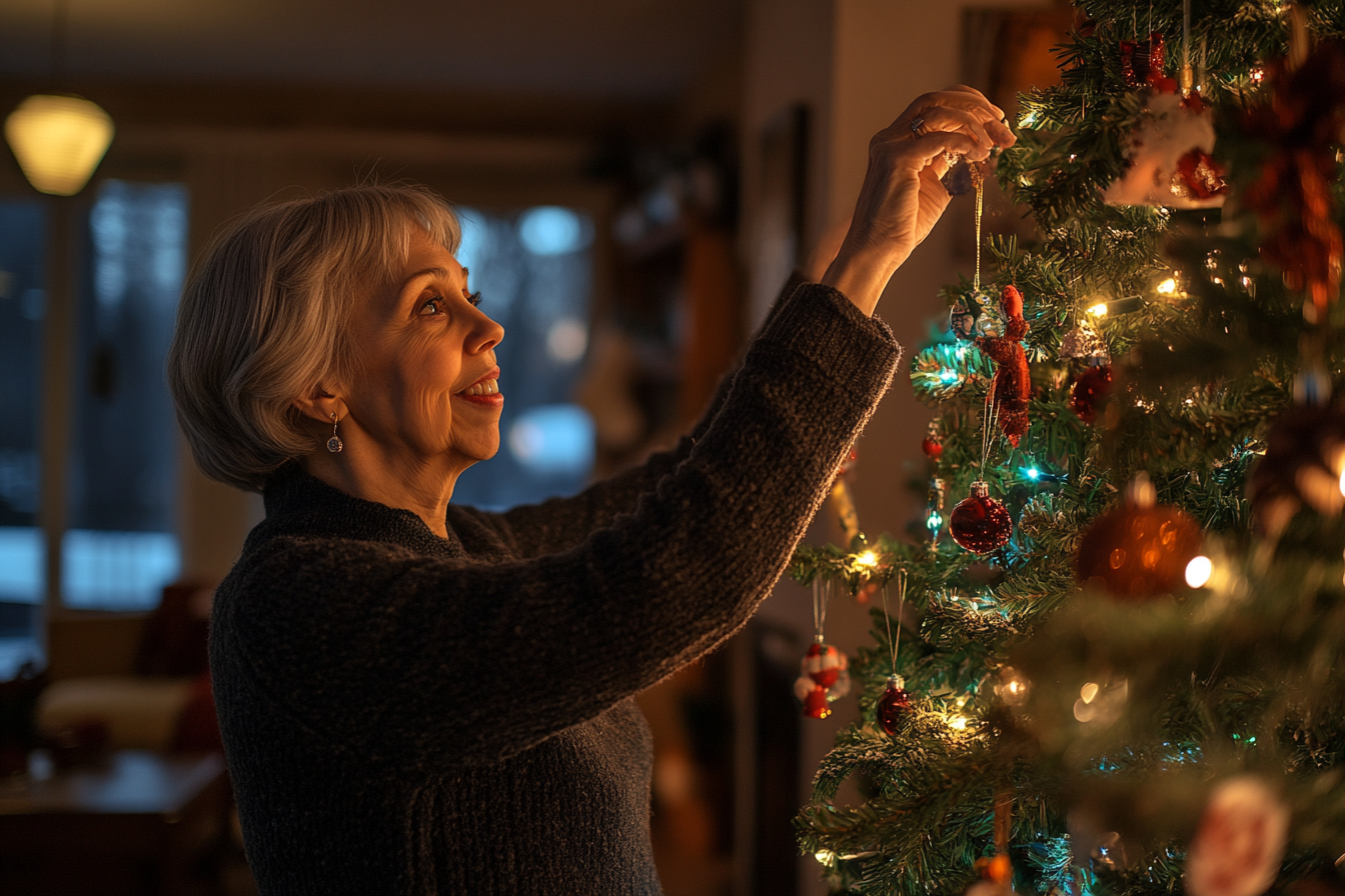 Una mujer decorando un árbol de Navidad | Fuente: Midjourney