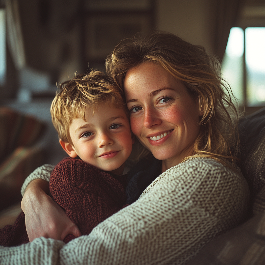 Una mujer feliz con un niño en brazos | Fuente: Midjourney