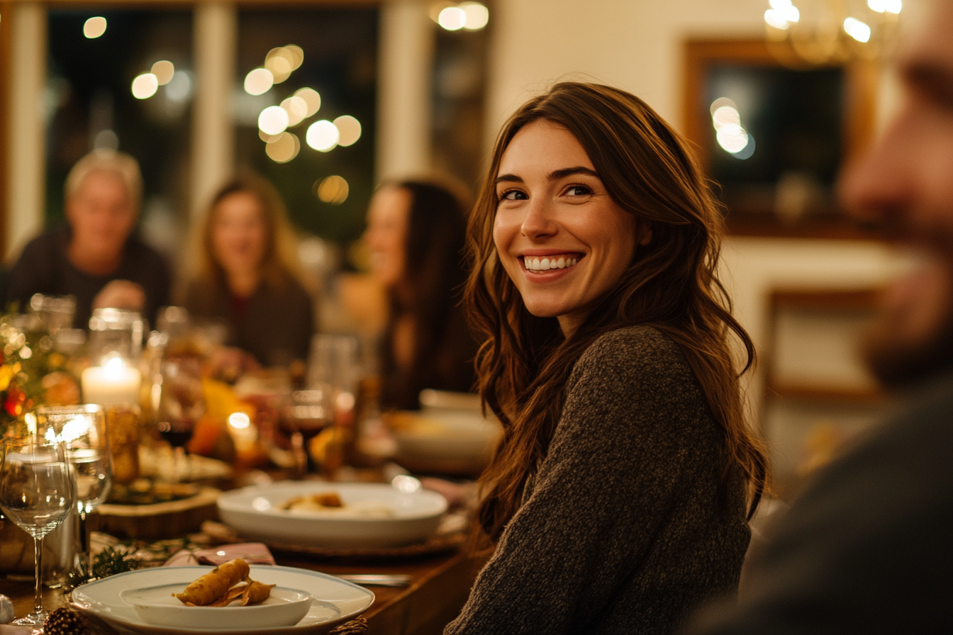 Una mujer parece feliz en la mesa del comedor | Fuente: Midjourney