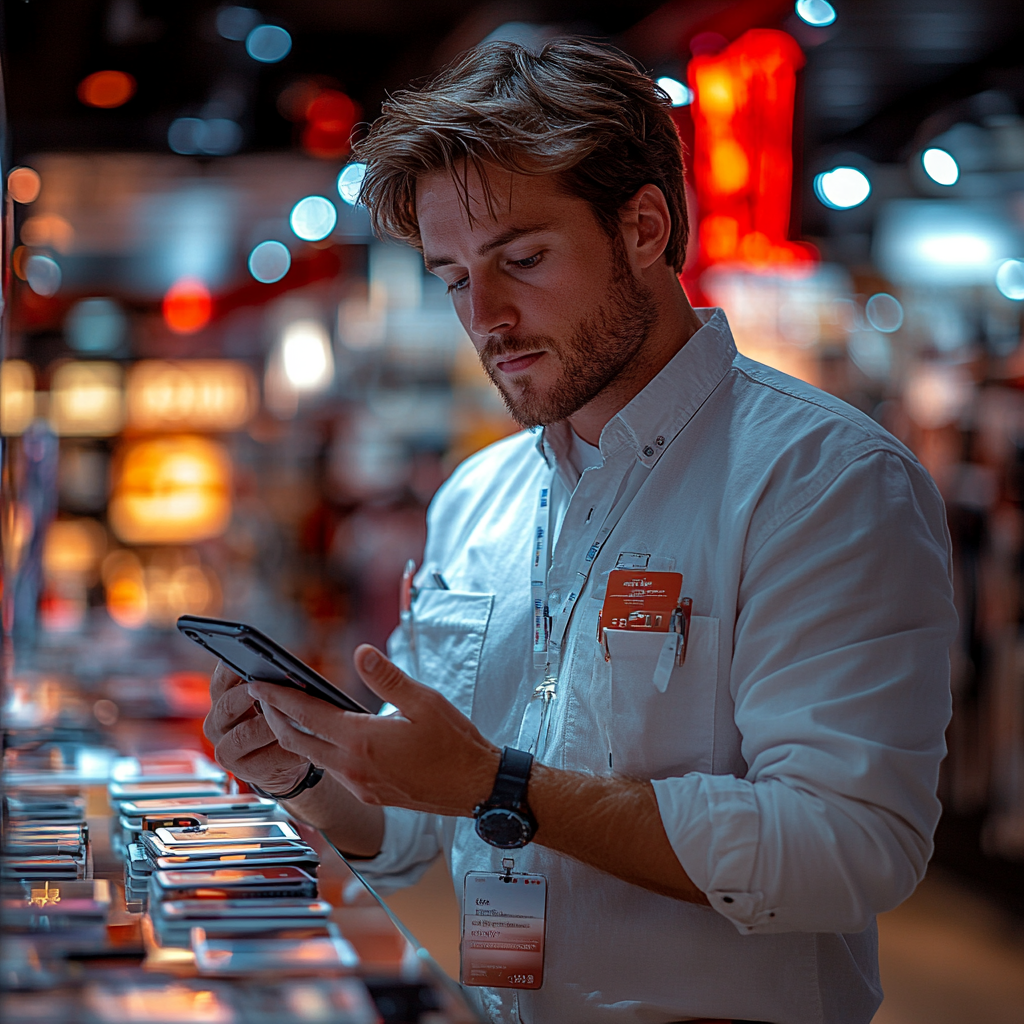 Un hombre inspeccionando un teléfono | Fuente: Midjourney