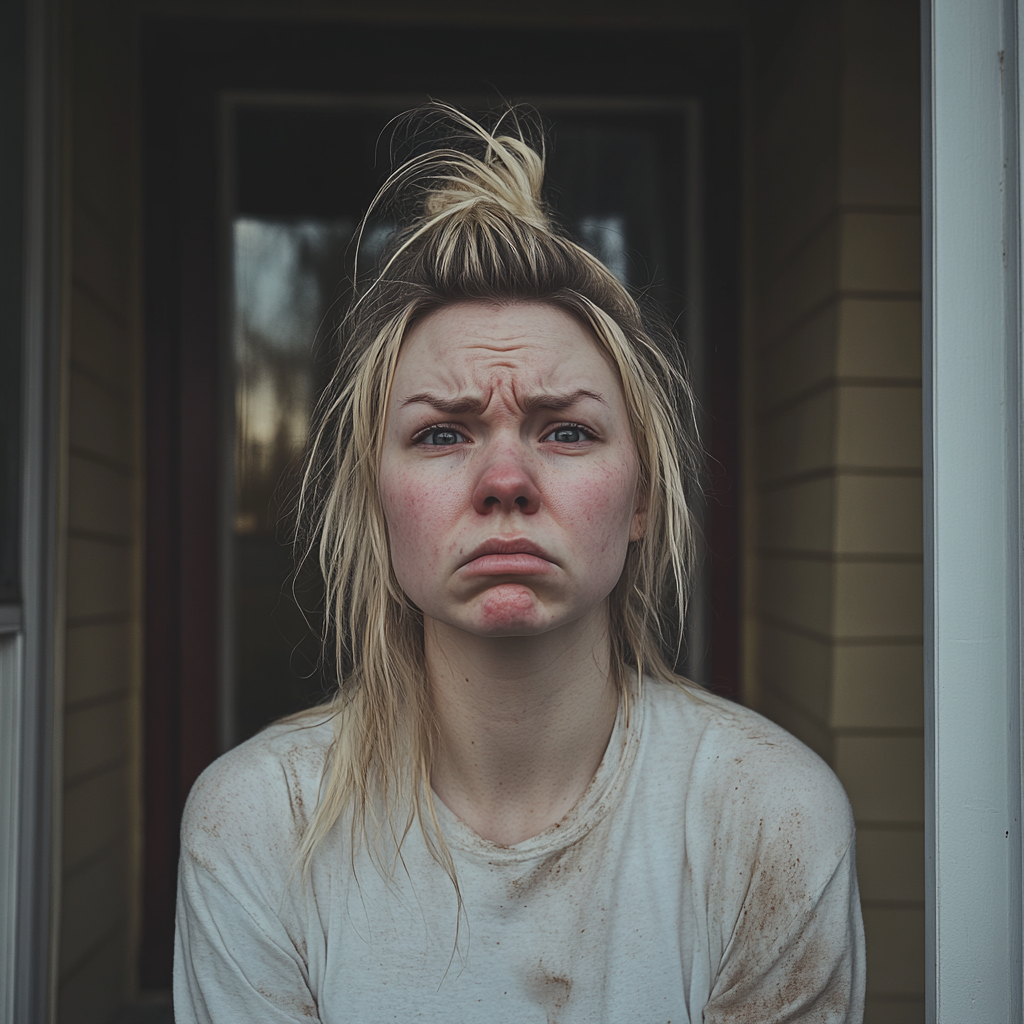 Una mujer de pelo rubio con cara de desesperación y tristeza frente a una casa | Fuente: Midjourney