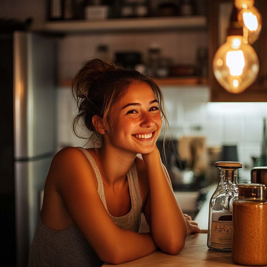 Una mujer riendo en su cocina | Fuente: Midjourney