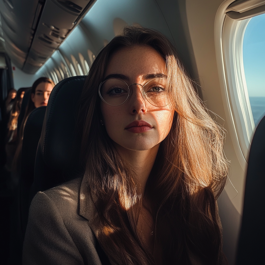 Mujer en un avión lleno de pasajeros | Fuente: Midjourney