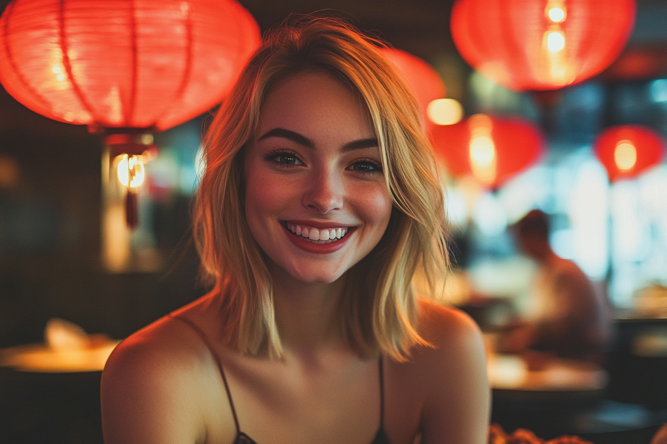 A woman smiling at Restaurante chino | Fuente: Midjourney