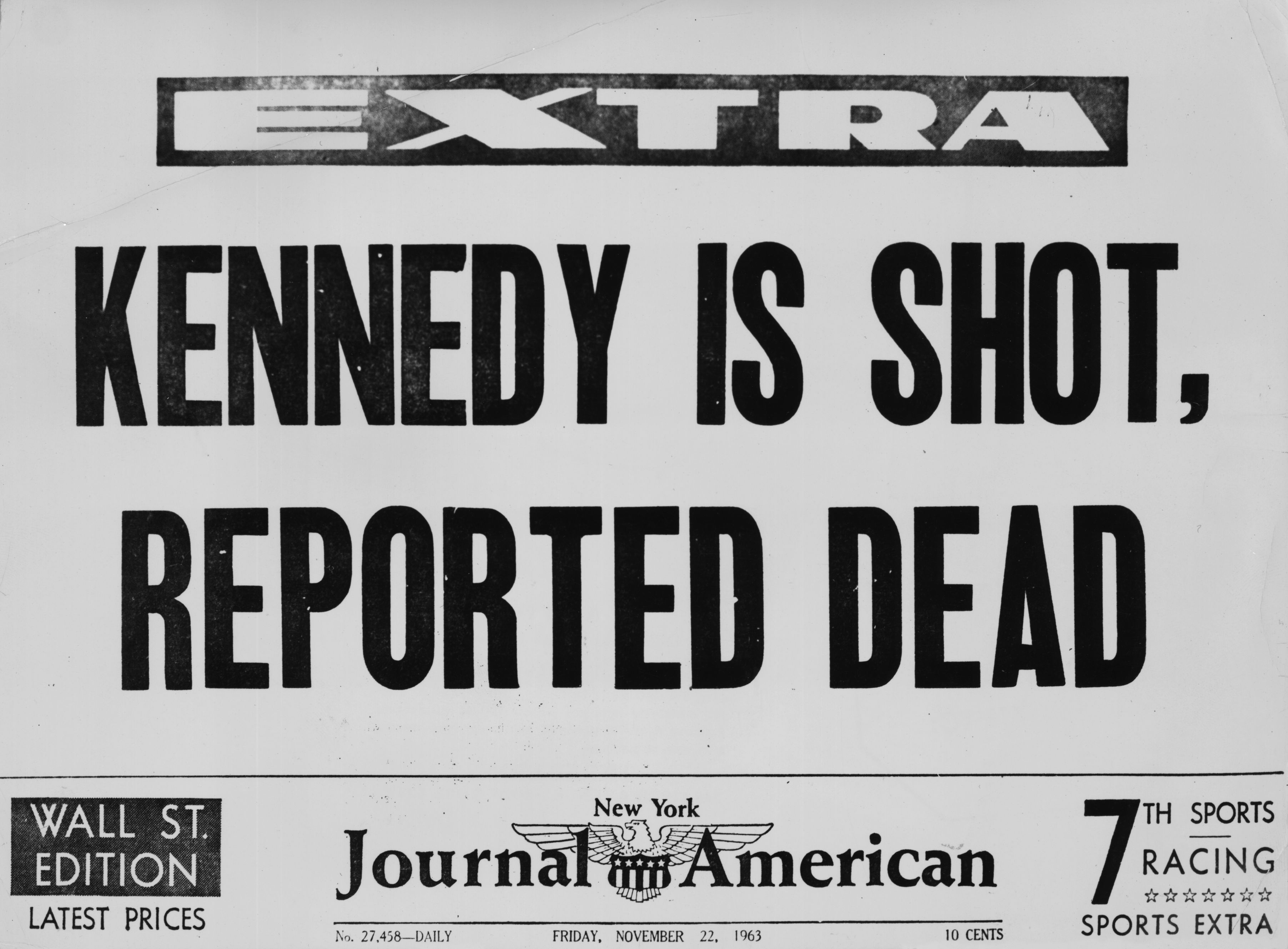 La portada del New York American Journal, anunciando que el presidente John F. Kennedy ha sido tiroteado y al parecer ha muerto | Fuente: Getty Images