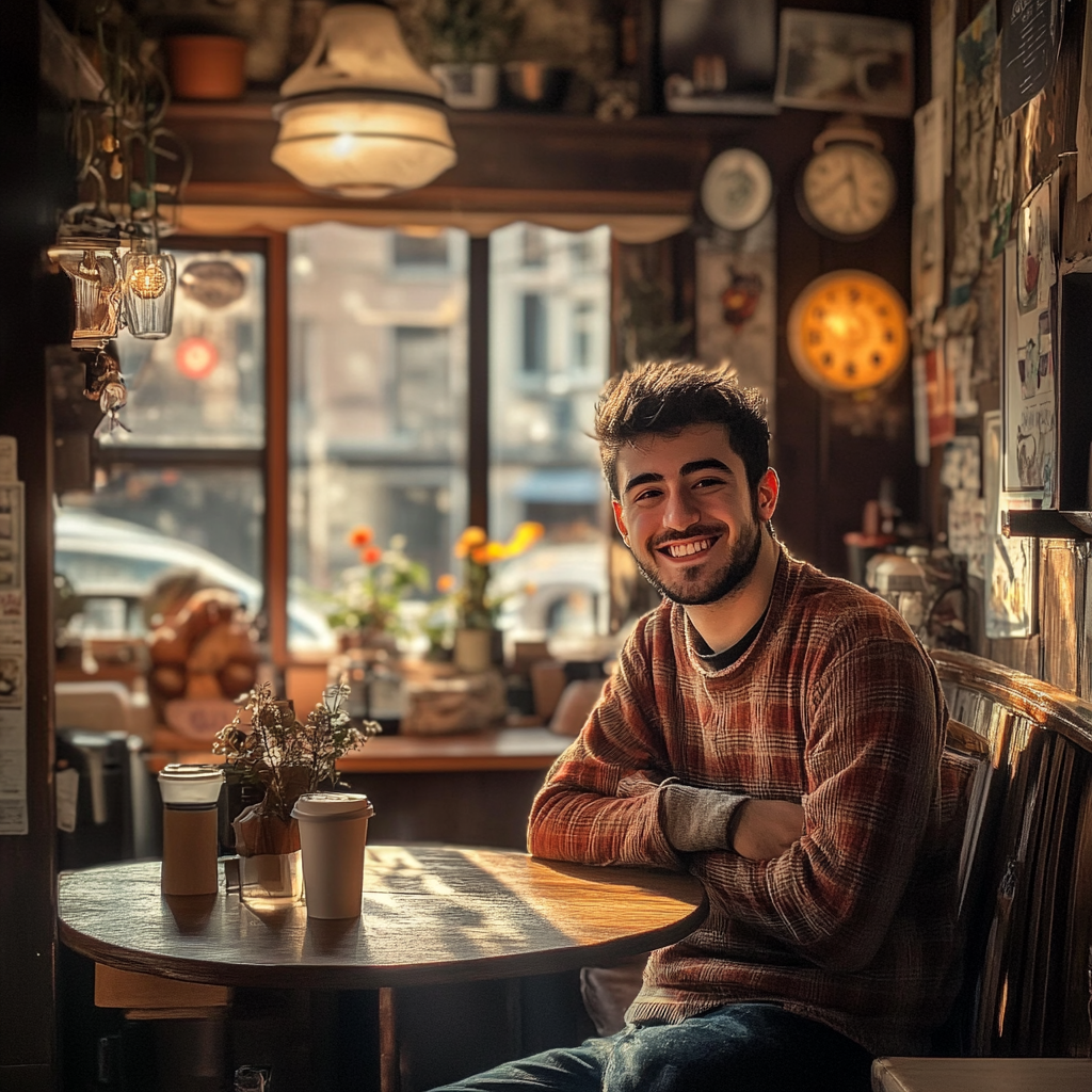 Joven sonriendo en su acogedora cafetería | Fuente: Midjourney