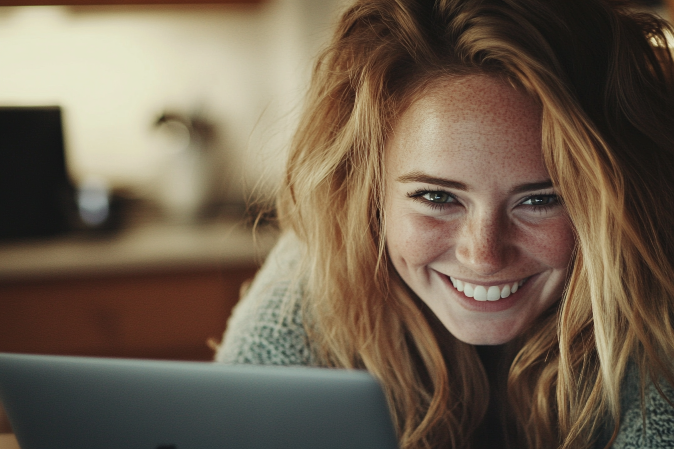 Una mujer sonriendo mientras usa su portátil | Fuente: Midjourney