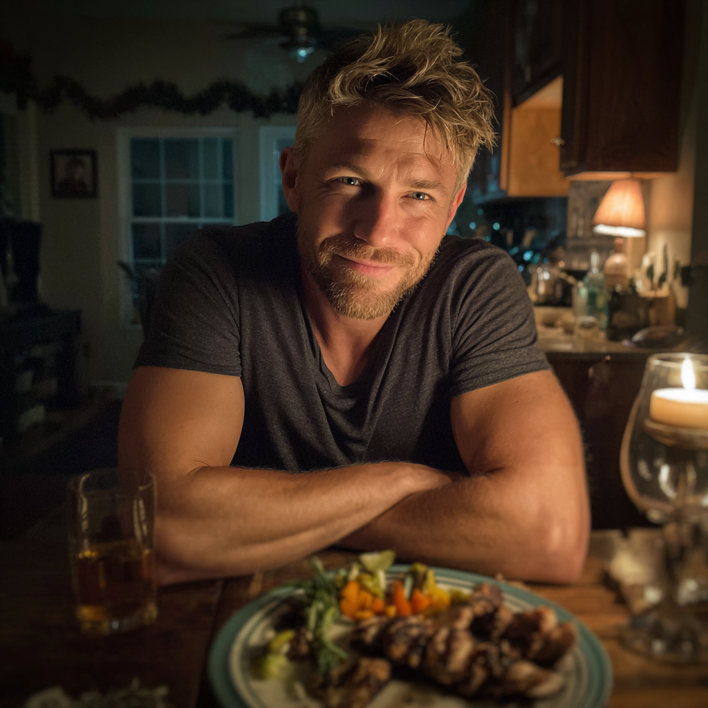 Un hombre sonriente sentado a una mesa | Fuente: Midjourney